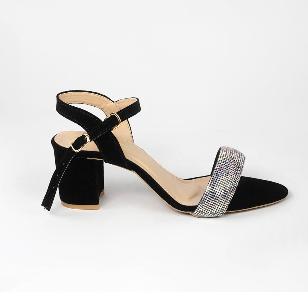 Shimmering Black Sandals with Block Heel