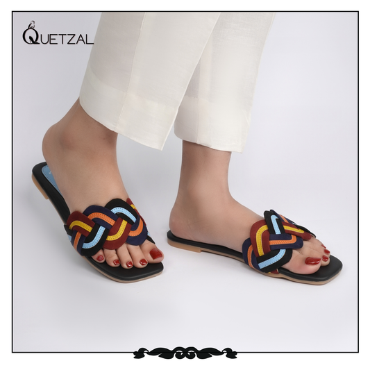 Black  Multicolor flora Quetzal Flat Slipper